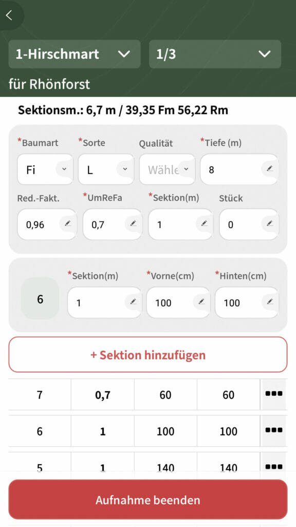 Holzaufnahme App Messverfahren Sektionsraummaßverfahren